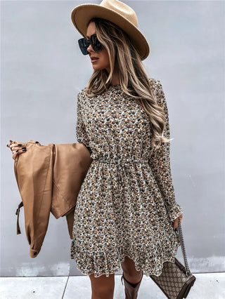 Women’s Floral Print Long Sleeve Dress – Ruffle Hem Round Neck Dress