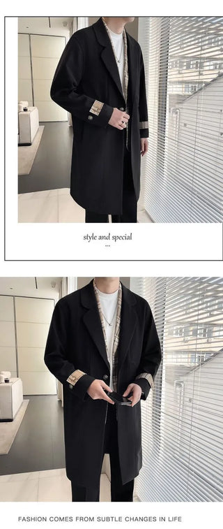 Men’s Slim-Fit Color-Block Trench Coat with Plaid Shirt Collar