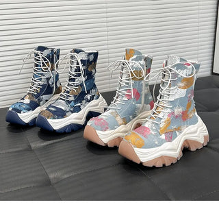 Graffiti Print Platform Ankle Boots with Round Toe