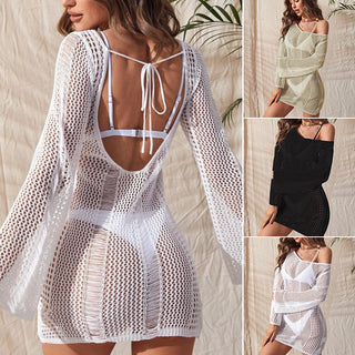 Women's Knit Hollow Backless Long Sleeve Bikini Blouse Swimsuit Cover-Up