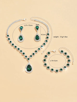 Women’s Rhinestone Bridal Jewelry Set – Necklace, Drop Earrings & Bracelet