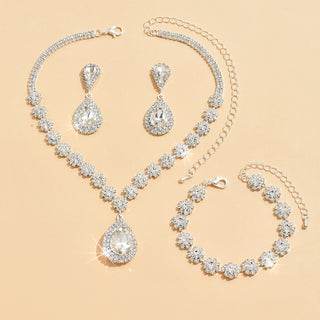 Women’s Rhinestone Bridal Jewelry Set – Necklace, Drop Earrings & Bracelet
