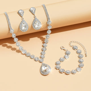 Women’s Rhinestone Bridal Jewelry Set – Necklace, Drop Earrings & Bracelet