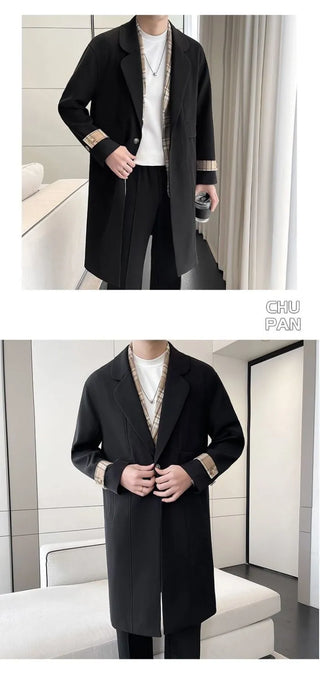 Men’s Slim-Fit Color-Block Trench Coat with Plaid Shirt Collar