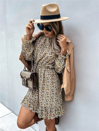 Women’s Floral Print Long Sleeve Dress – Ruffle Hem Round Neck Dress