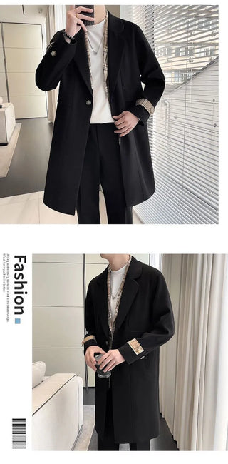 Men’s Slim-Fit Color-Block Trench Coat with Plaid Shirt Collar