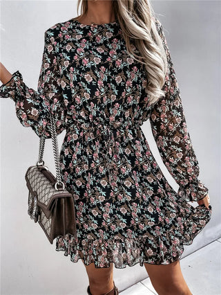 Women’s Floral Print Long Sleeve Dress – Ruffle Hem Round Neck Dress