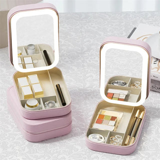 LED Lighted Makeup Case with 3-Level Touch Mirror – Portable Travel Cosmetic Storage Box