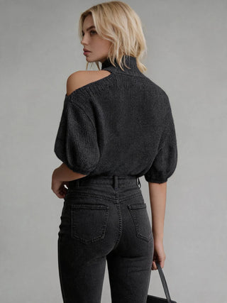 Women’s Cold-Shoulder Mock-Neck Knit Sweater – 3/4 Sleeves
