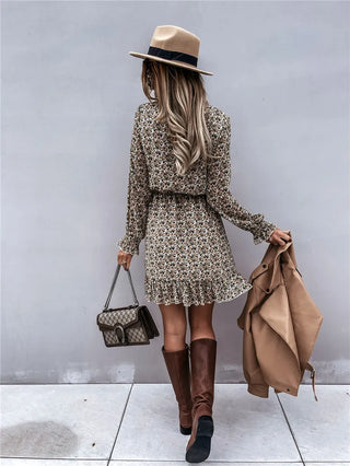 Women’s Floral Print Long Sleeve Dress – Ruffle Hem Round Neck Dress