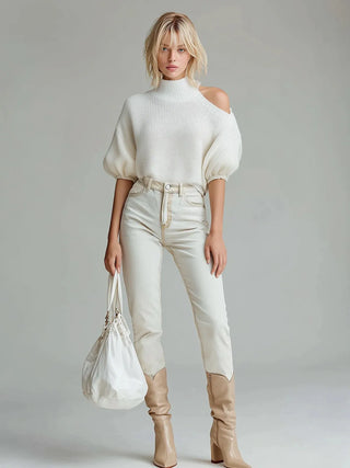 Women’s Cold-Shoulder Mock-Neck Knit Sweater – 3/4 Sleeves