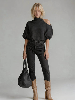 Women’s Cold-Shoulder Mock-Neck Knit Sweater – 3/4 Sleeves