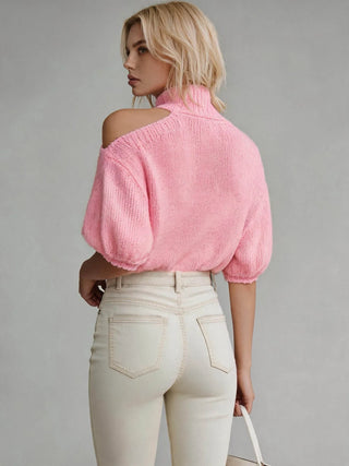 Women’s Cold-Shoulder Mock-Neck Knit Sweater – 3/4 Sleeves
