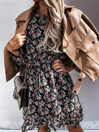 Women’s Floral Print Long Sleeve Dress – Ruffle Hem Round Neck Dress