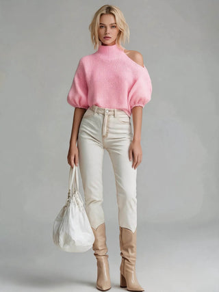 Women’s Cold-Shoulder Mock-Neck Knit Sweater – 3/4 Sleeves