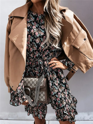 Women’s Floral Print Long Sleeve Dress – Ruffle Hem Round Neck Dress