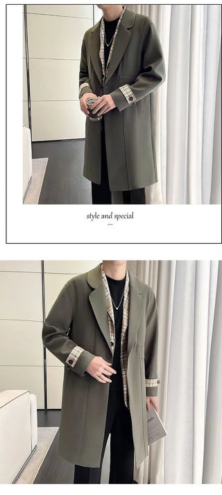 Men’s Slim-Fit Color-Block Trench Coat with Plaid Shirt Collar