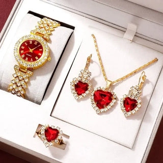 Stylish Women's Quartz Watch & Color Diamond Gemstone Accessory Set
