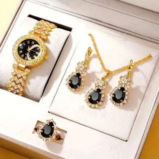 Stylish Women's Quartz Watch & Color Diamond Gemstone Accessory Set