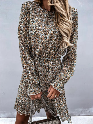 Women’s Floral Print Long Sleeve Dress – Ruffle Hem Round Neck Dress