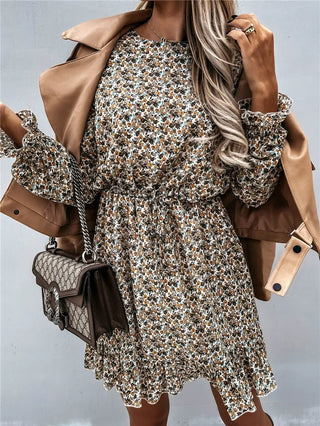 Women’s Floral Print Long Sleeve Dress – Ruffle Hem Round Neck Dress