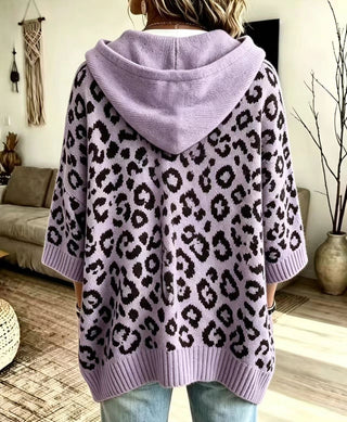 Women’s Leopard-Print Hooded Knit Pullover Sweater – Loose Fit