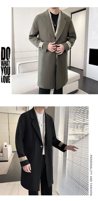 Men’s Slim-Fit Color-Block Trench Coat with Plaid Shirt Collar