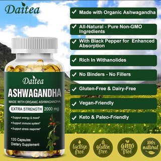Daitea Organic Ashwagandha Extract 2000mg – Extra Strength Supplement for Stress Relief, Immune Support, Energy Enhancement & Antioxidant Protection (120 Capsules)