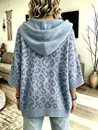 Women’s Leopard-Print Hooded Knit Pullover Sweater – Loose Fit