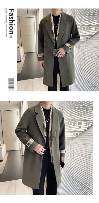 Men’s Slim-Fit Color-Block Trench Coat with Plaid Shirt Collar