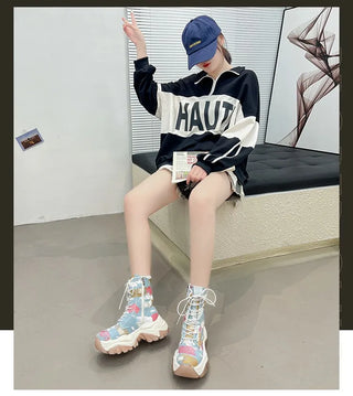 Graffiti Print Platform Ankle Boots with Round Toe