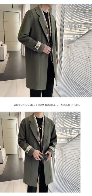 Men’s Slim-Fit Color-Block Trench Coat with Plaid Shirt Collar