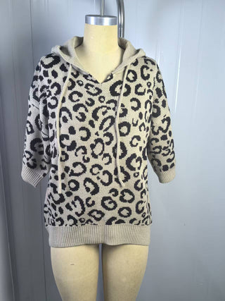 Women’s Leopard-Print Hooded Knit Pullover Sweater – Loose Fit